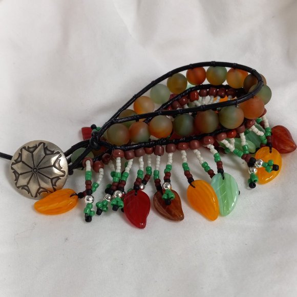 Woven Bracelet with Green and Orange Agate, Leaves on Fringe, Silver Button - Picture 2 of 8
